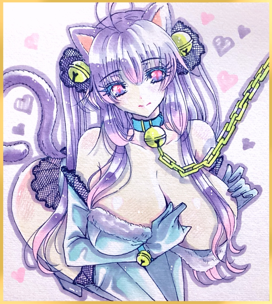 【手描きイラスト色紙】パープル猫さん 一次創作オリジナル
