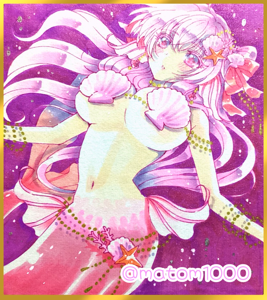 【手描きイラスト色紙】🌸桜貝のマーメイド🌸