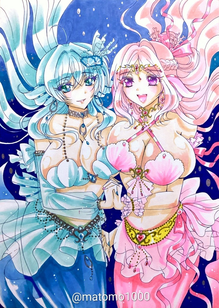 【リクエスト品】【手描きイラスト】水色とピンクのマーメイド　一次創作　オリジナル
