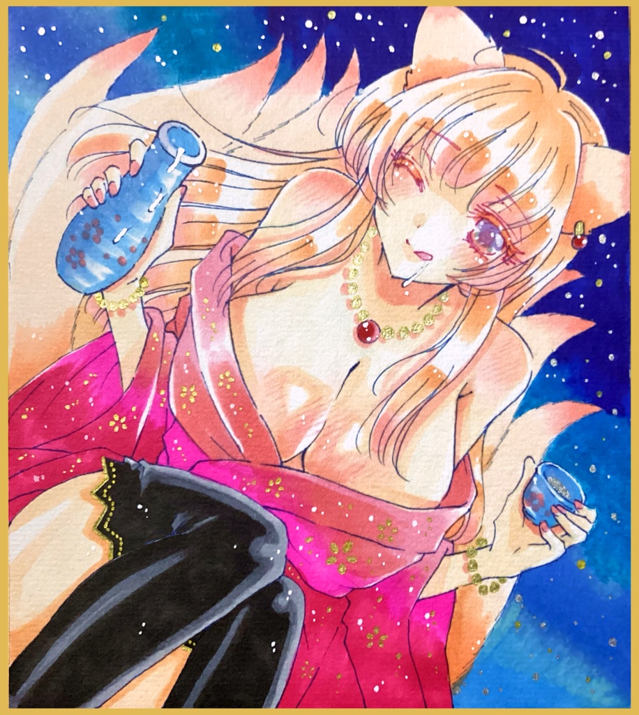 手描きイラスト色紙 狐の美少女 一次創作オリジナル