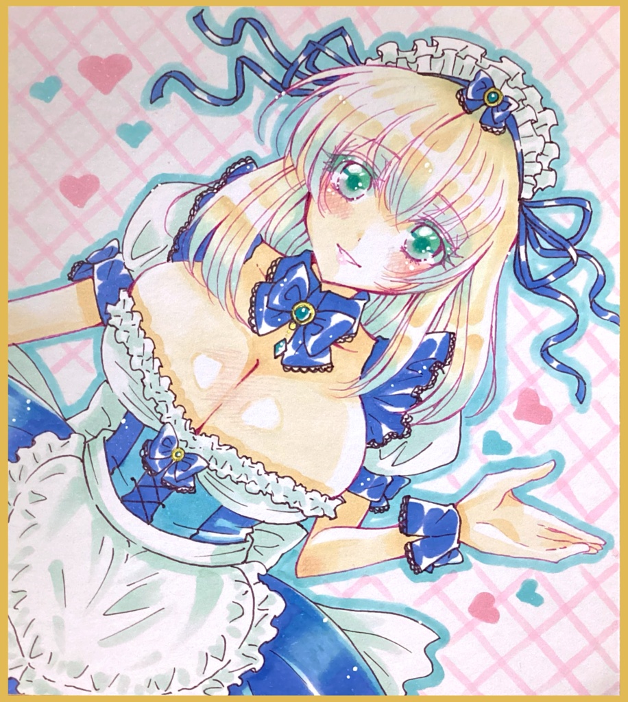 手描きイラスト色紙 青フリルメイド 一次創作オリジナル