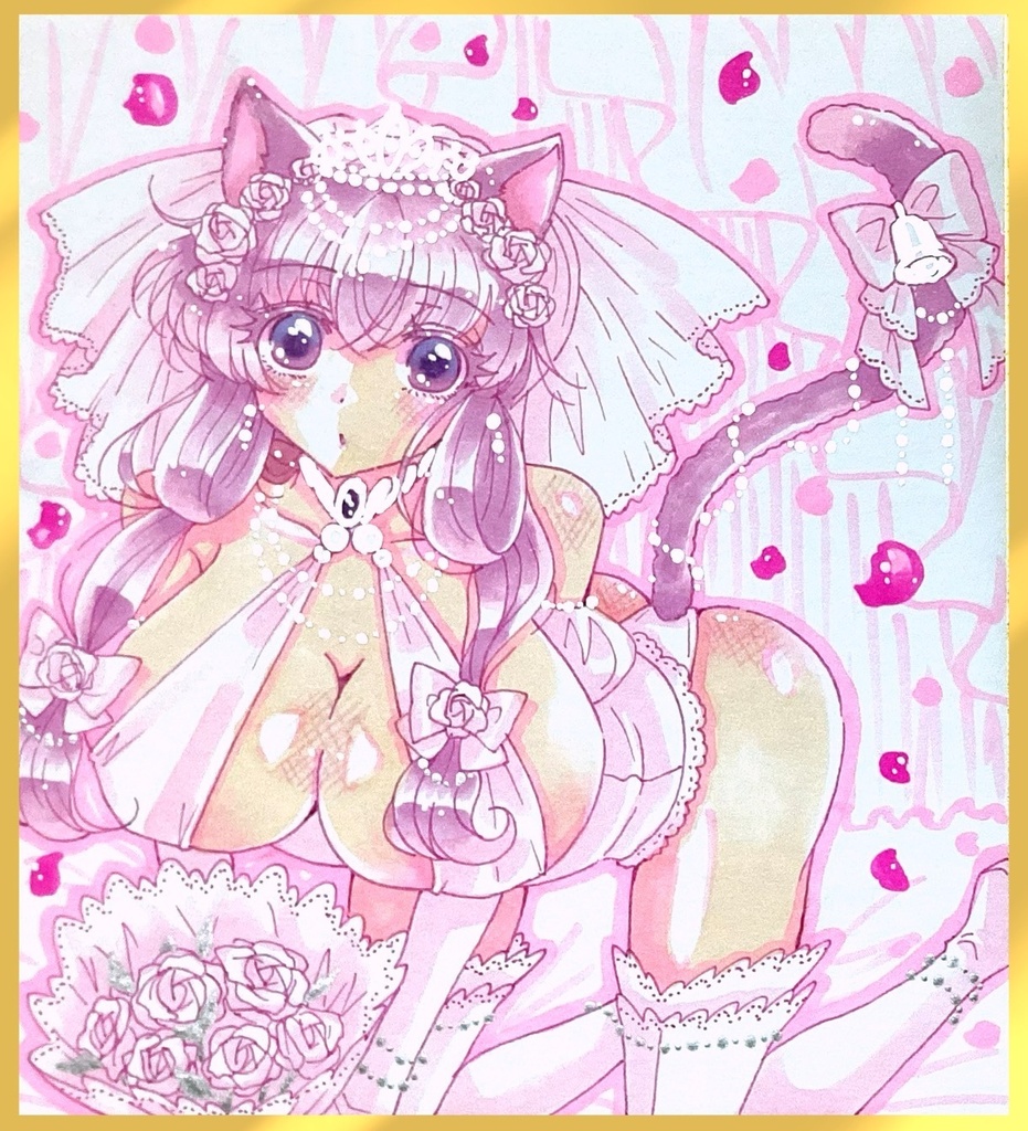 【手描きイラスト色紙】ウェディングドレスの猫耳美少女