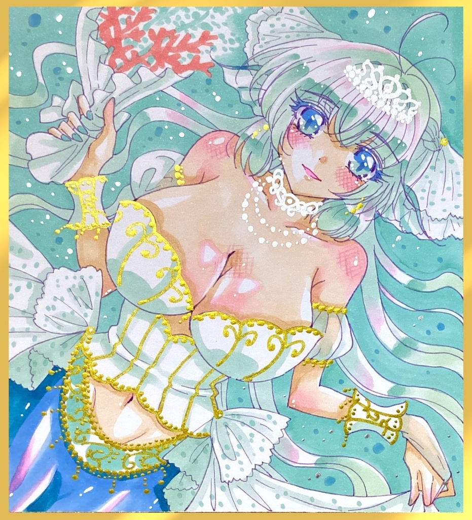 【手描きイラスト色紙】ウェディング水色マーメイド