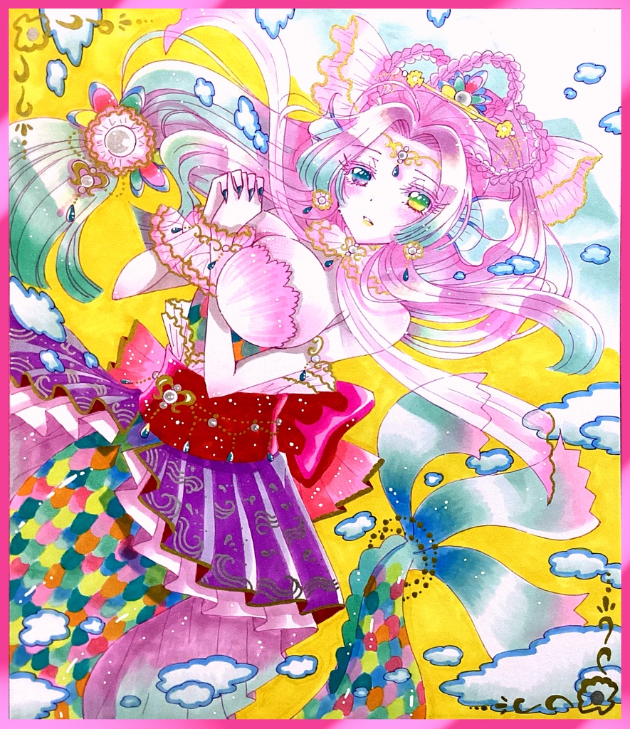 ※在庫あり【手描きイラスト色紙】アマビエ 人魚姫 一次創作 オリジナル