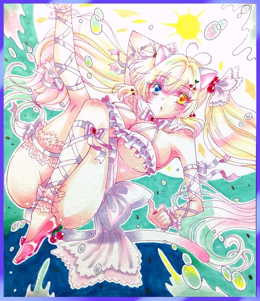 【手描きイラスト色紙】白猫オッドアイ美少女　一次創作　オリジナル