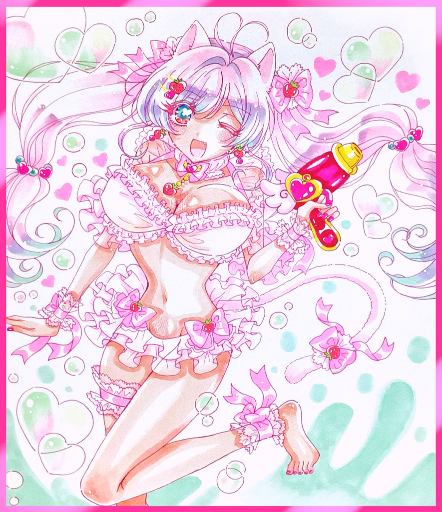 【展示】【手描きイラスト色紙】🩷ビーチのピンク猫耳美少女🩷一次創作　オリジナル