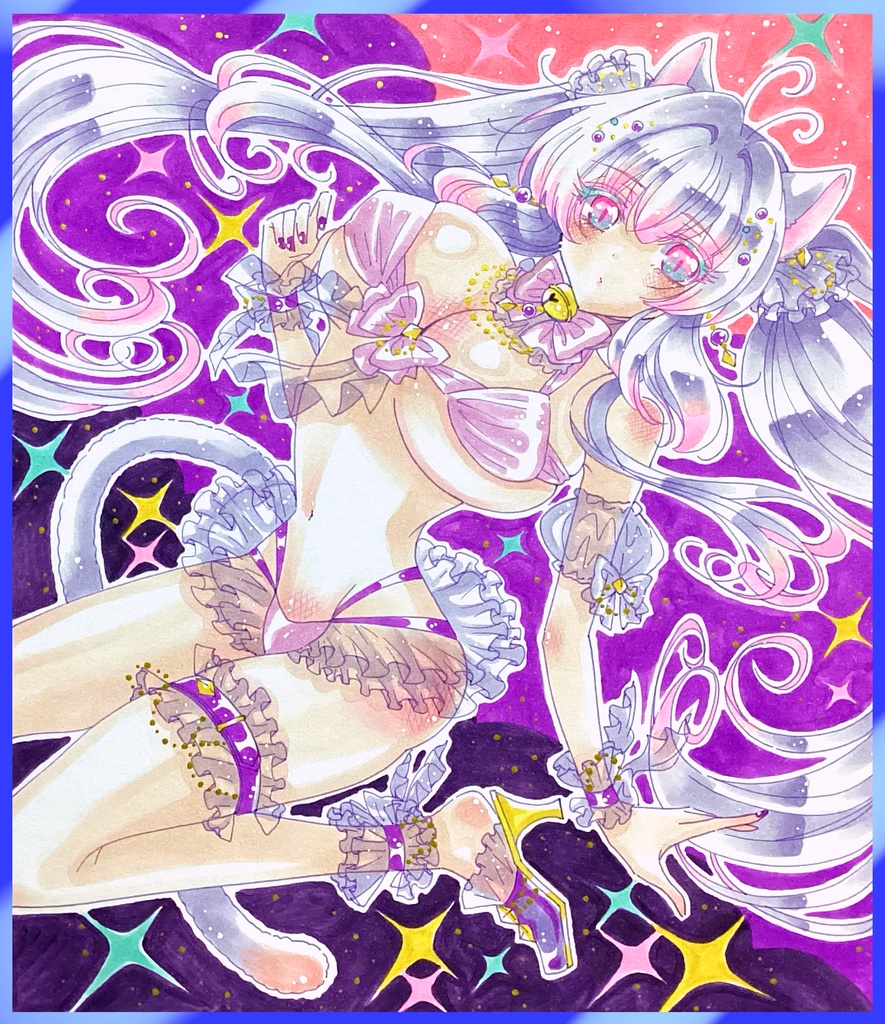 【展示】【手描きイラスト色紙】💜夜のビーチのパープル猫耳💜