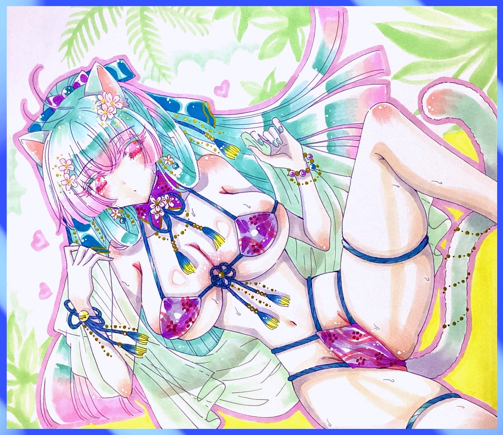 【展示】手描きイラスト色紙 水色💧猫耳和風水着美少女💧