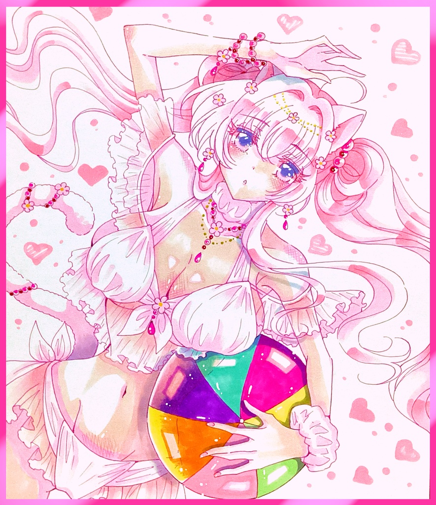 【展示】【手描きイラスト色紙】🌸ビーチのピンク猫耳🌸