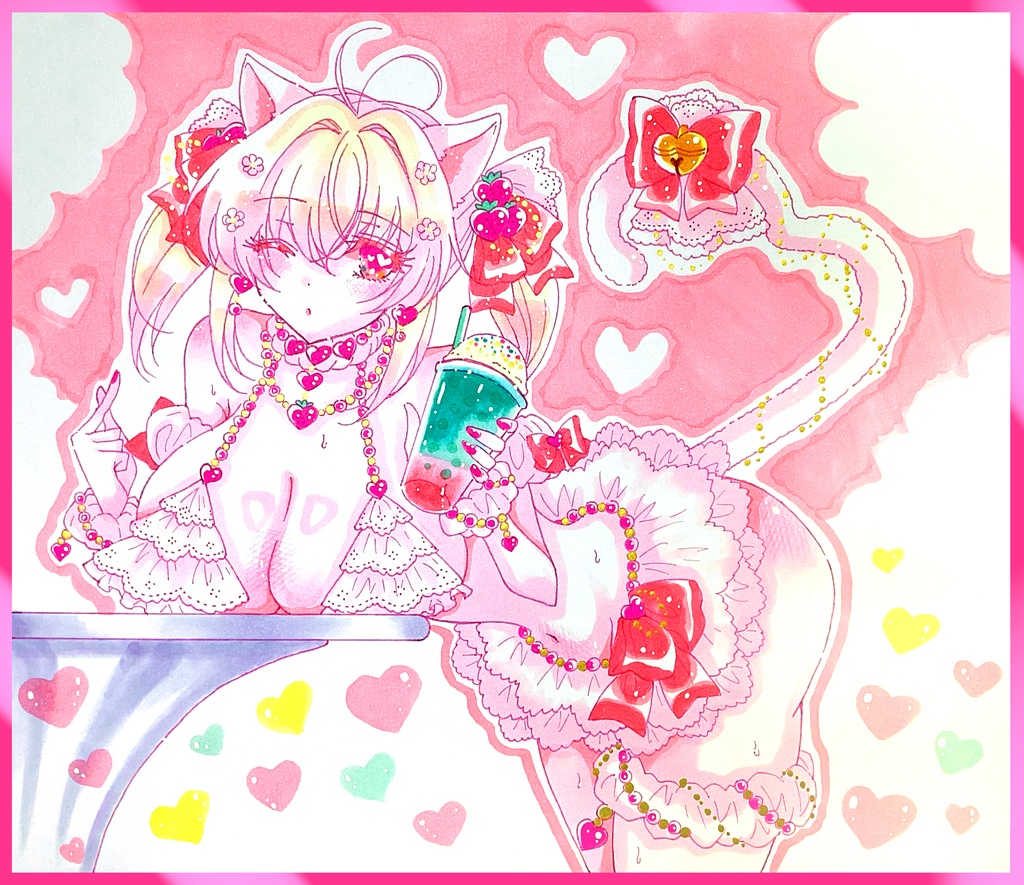 【展示】【手描きイラスト色紙】🍓苺ドレス水着の美少女🍓