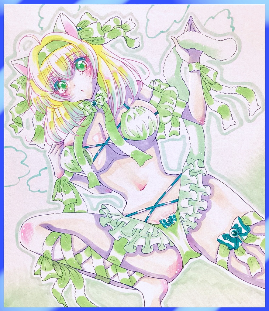 【展示】【手描きイラスト色紙】💚ミントグリーン水着の美少女💚