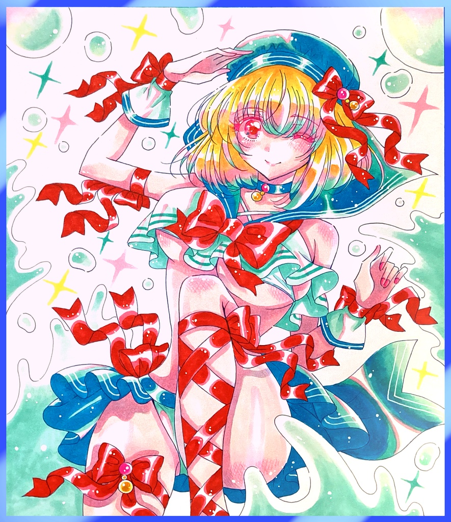 ※在庫あり 【手描きイラスト色紙】🩵マリンスタイル セーラー美少女⚓️一次創作 オリジナル