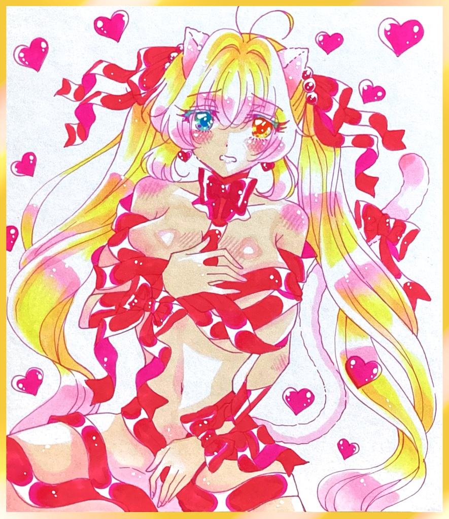 【手描きイラスト色紙】オッドアイ猫耳美少女　一次創作　オリジナル