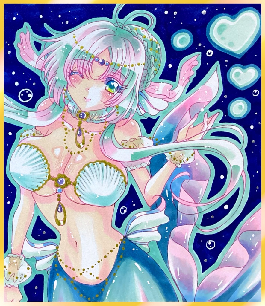 【展示】手描きイラスト色紙🐠人魚姫🐠 一次創作 オリジナル