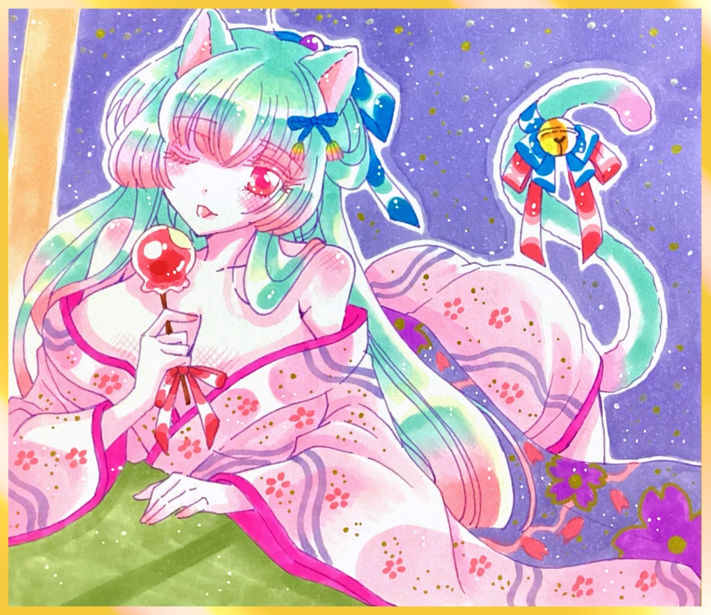 【展示】手描きイラスト色紙💕猫耳美少女💕