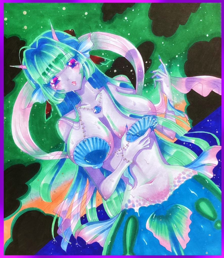 【手描きイラスト色紙】禍々しい人魚　妖怪　ハンドメイド　オリジナル　一次創作