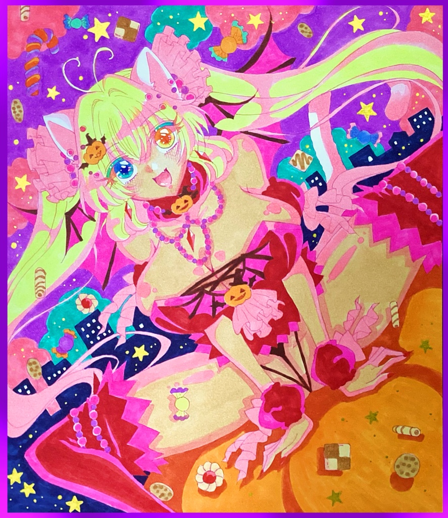 【手描きイラスト色紙】🎃ハロウィン　美少女　猫耳　ハンドメイド　オリジナル　一次創作