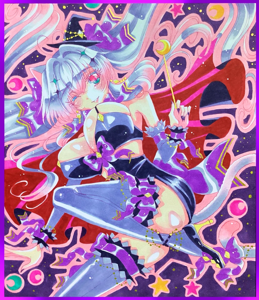 【手描きイラスト色紙】🎃ハロウィン　パープル猫耳の魔女　美少女　一次創作　オリジナル　ハンドメイド