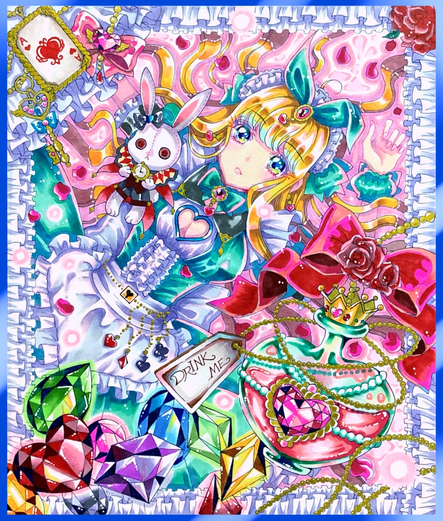 【原画 直筆 手描きイラスト色紙 コピック】不思議の国のアリス 美少女 一次創作オリジナル