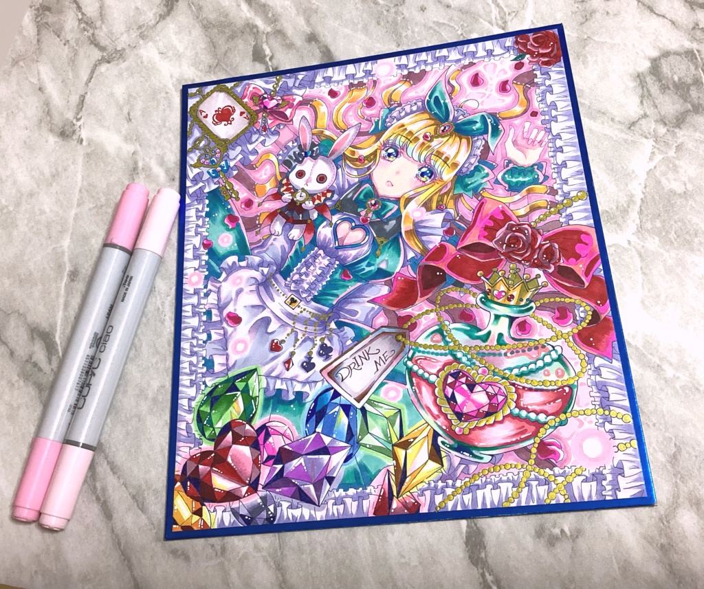 【原画 直筆 手描きイラスト色紙 コピック】不思議の国のアリス 美少女 一次創作オリジナル