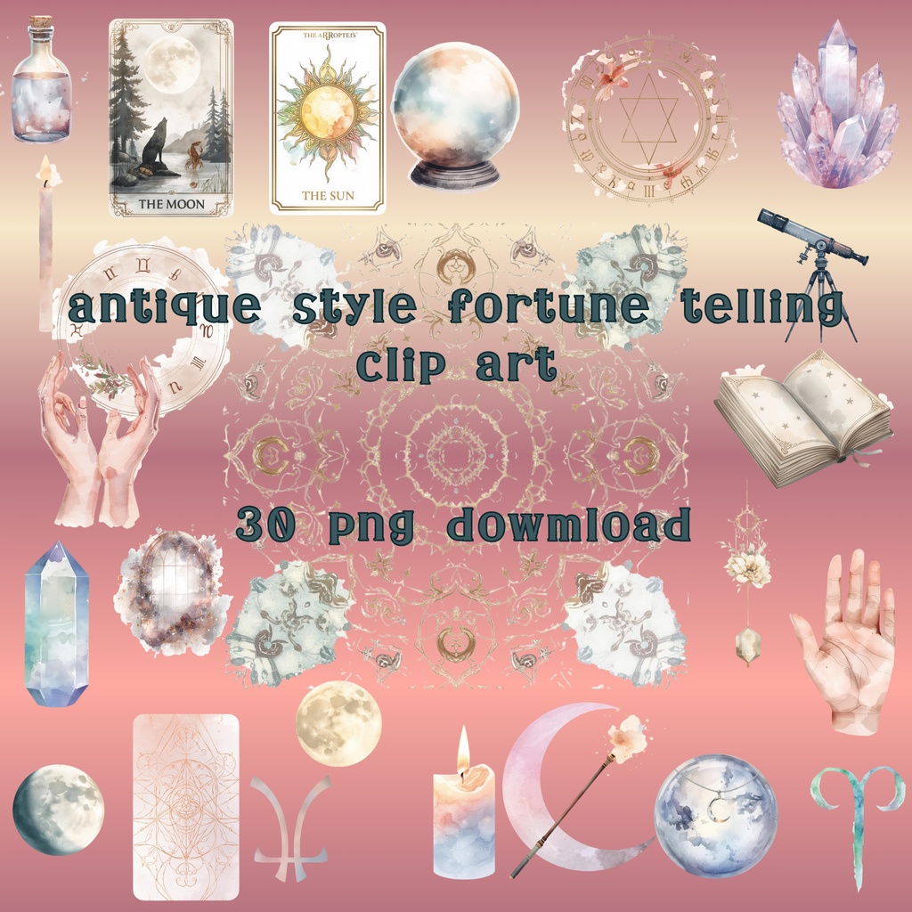 占いアイテム 30点セット｜水彩・くすみカラー｜タロット・月・星・魔法