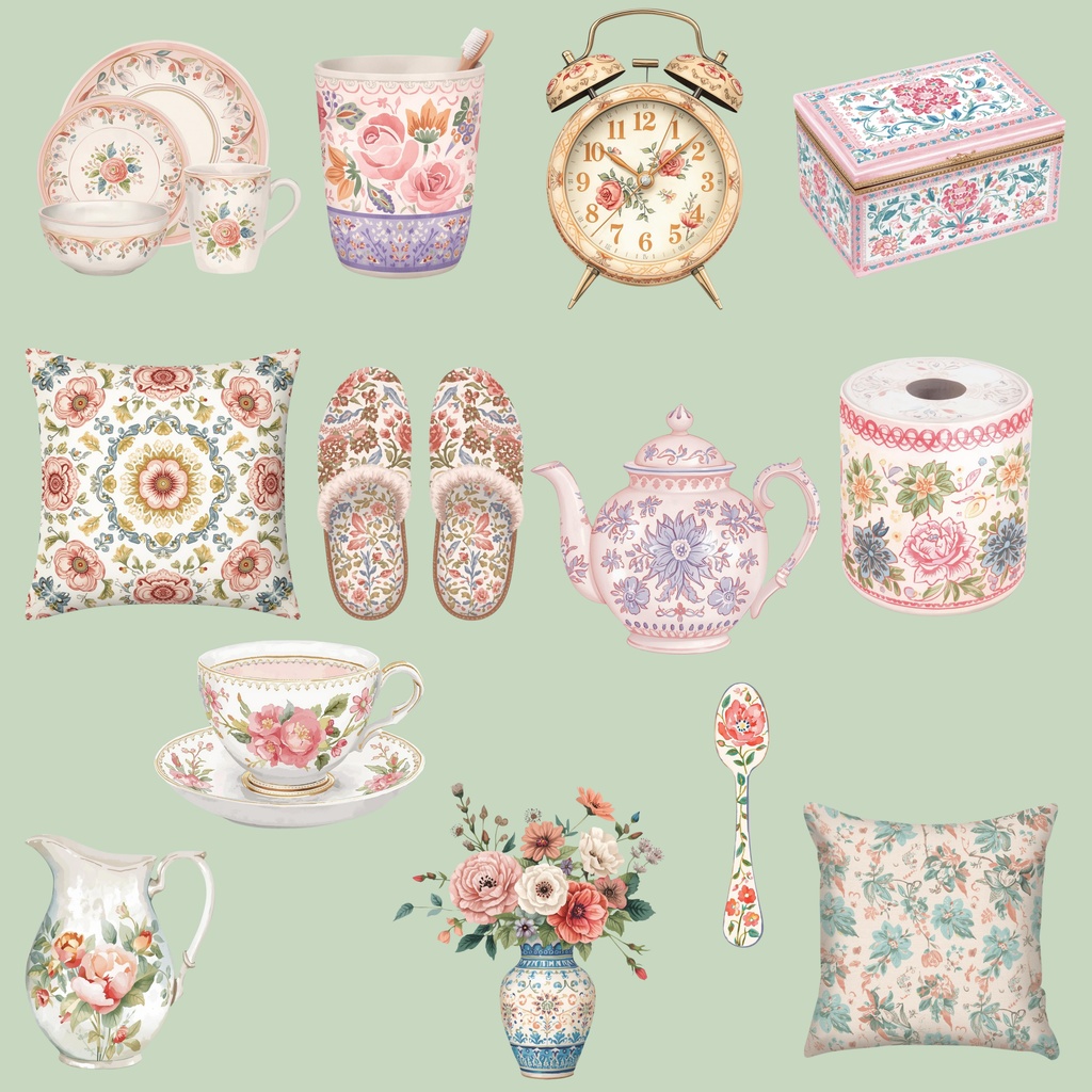 Pastel Ceramic Pattern Interior Clipart Bundle-パステル陶器柄インテリア クリップアート40点セット-