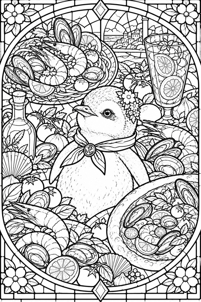 動物とおいしいもの|ステンドグラス風塗り絵 5枚セット