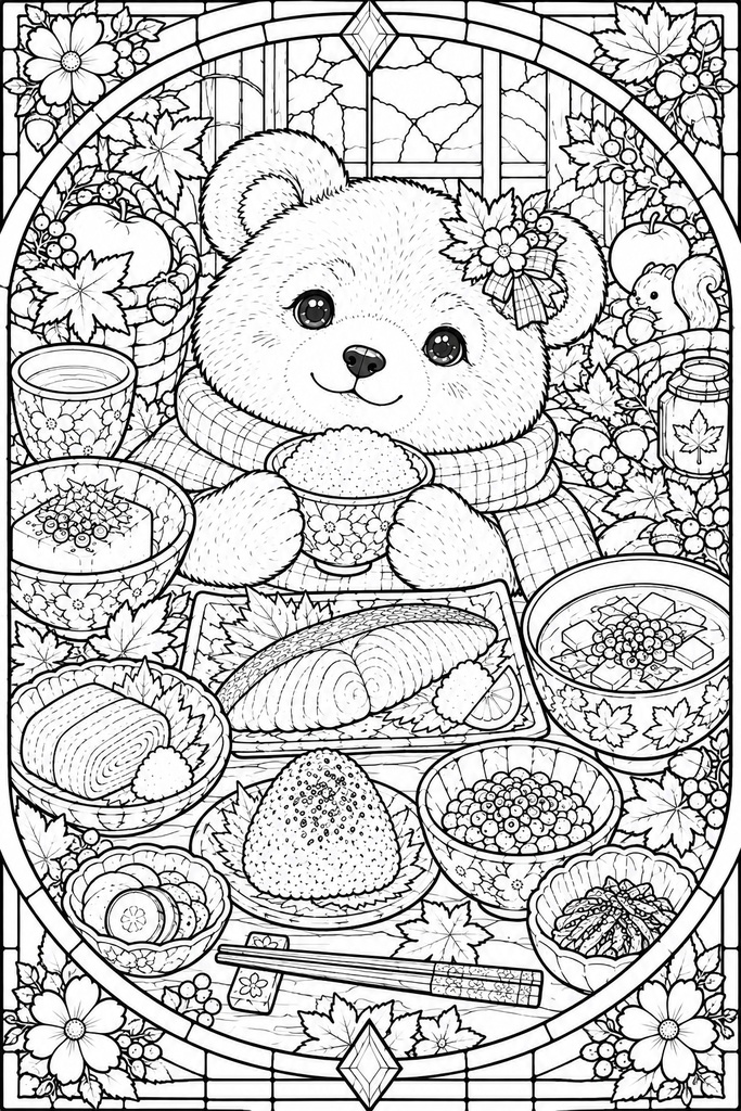 動物とおいしいもの|ステンドグラス風塗り絵 5枚セット