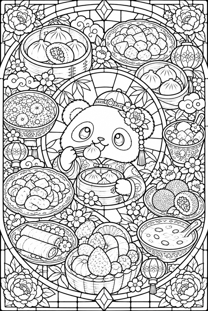 動物とおいしいもの|ステンドグラス風塗り絵 5枚セット