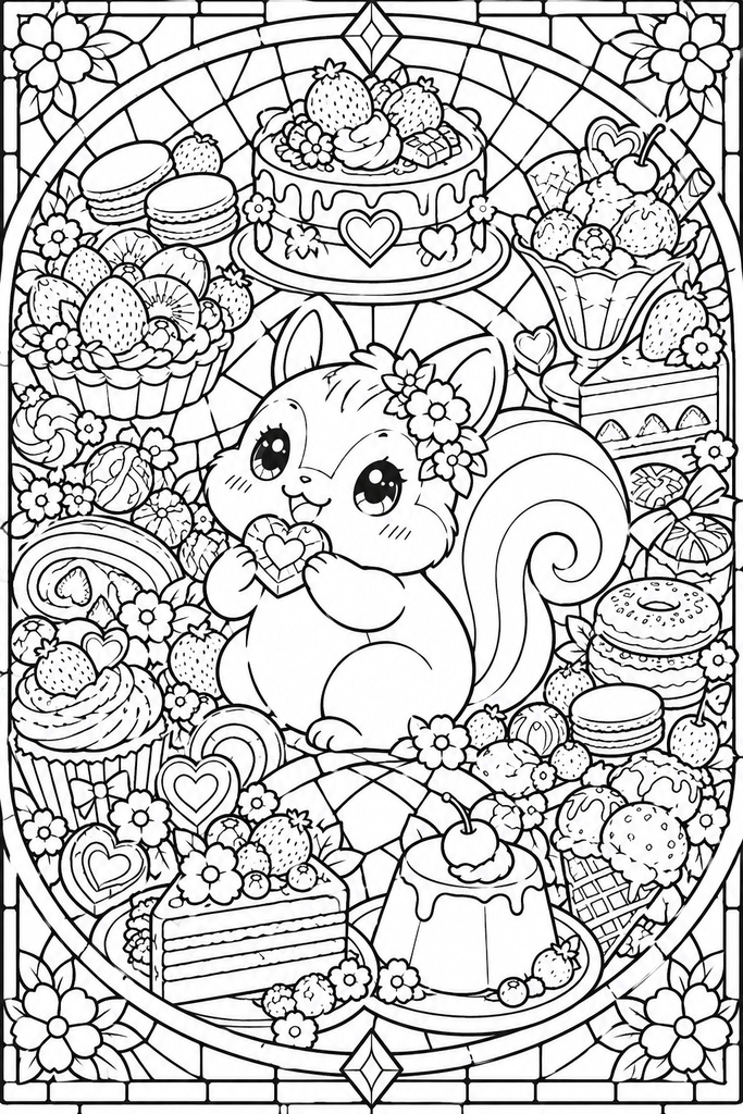 動物とおいしいもの|ステンドグラス風塗り絵 5枚セット