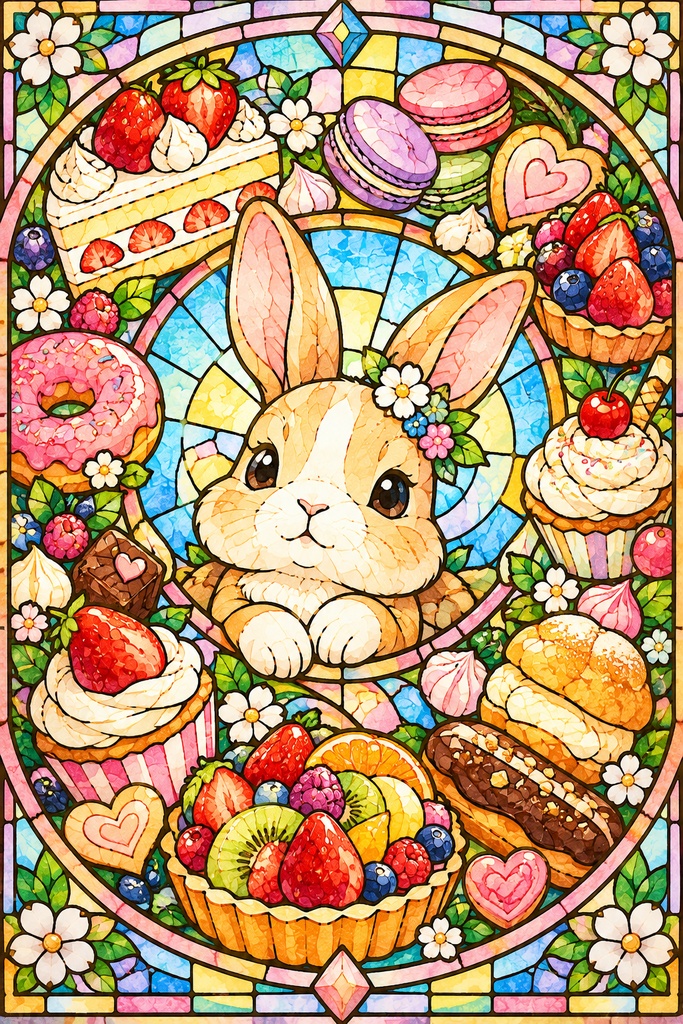 動物とおいしいもの|ステンドグラス風塗り絵 5枚セット