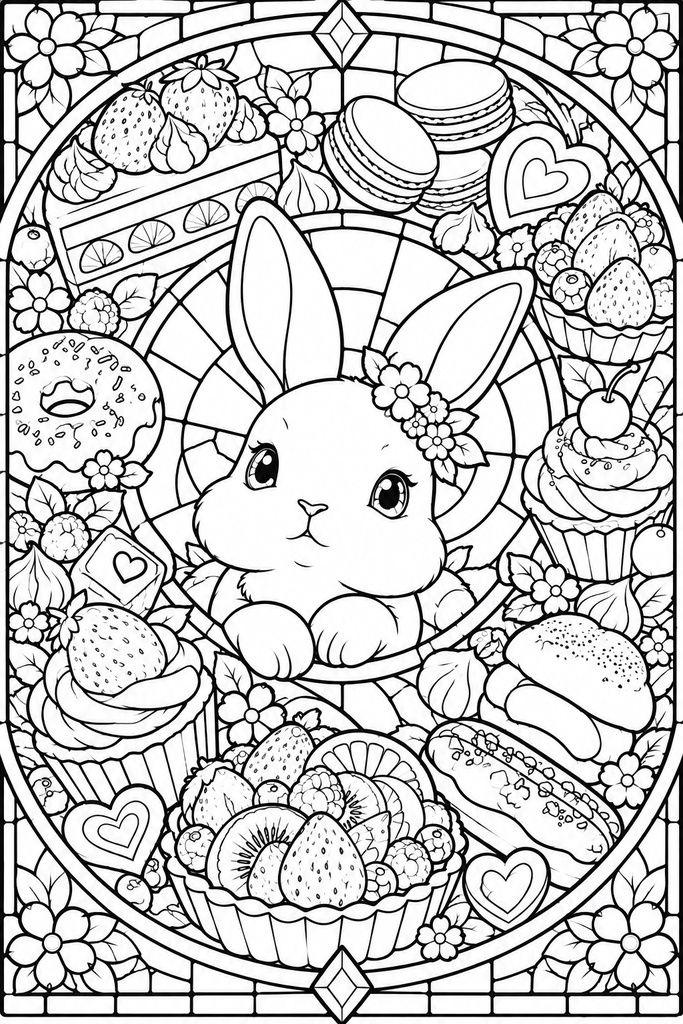 動物とおいしいもの|ステンドグラス風塗り絵 5枚セット