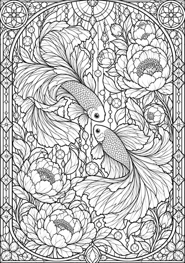 幻想の海と花|ステンドグラス風 大人の塗り絵 10枚セット【PDF】Stained Glass Ocean Coloring Pages