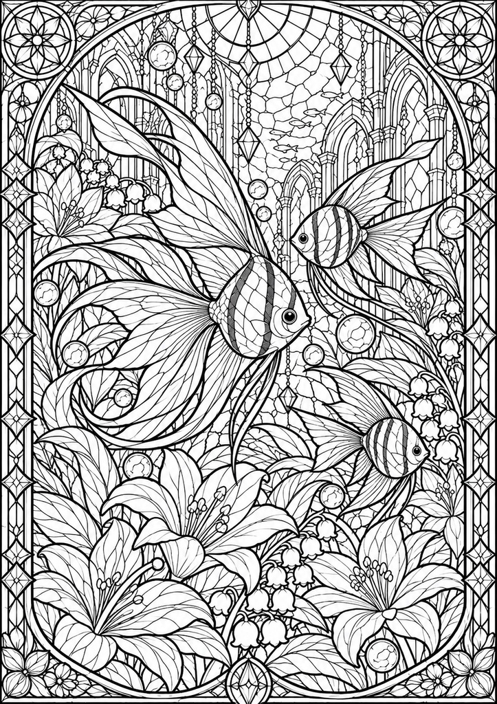 幻想の海と花|ステンドグラス風 大人の塗り絵 10枚セット【PDF】Stained Glass Ocean Coloring Pages