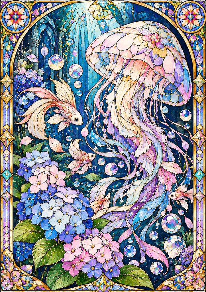 幻想の海と花|ステンドグラス風 大人の塗り絵 10枚セット【PDF】Stained Glass Ocean Coloring Pages