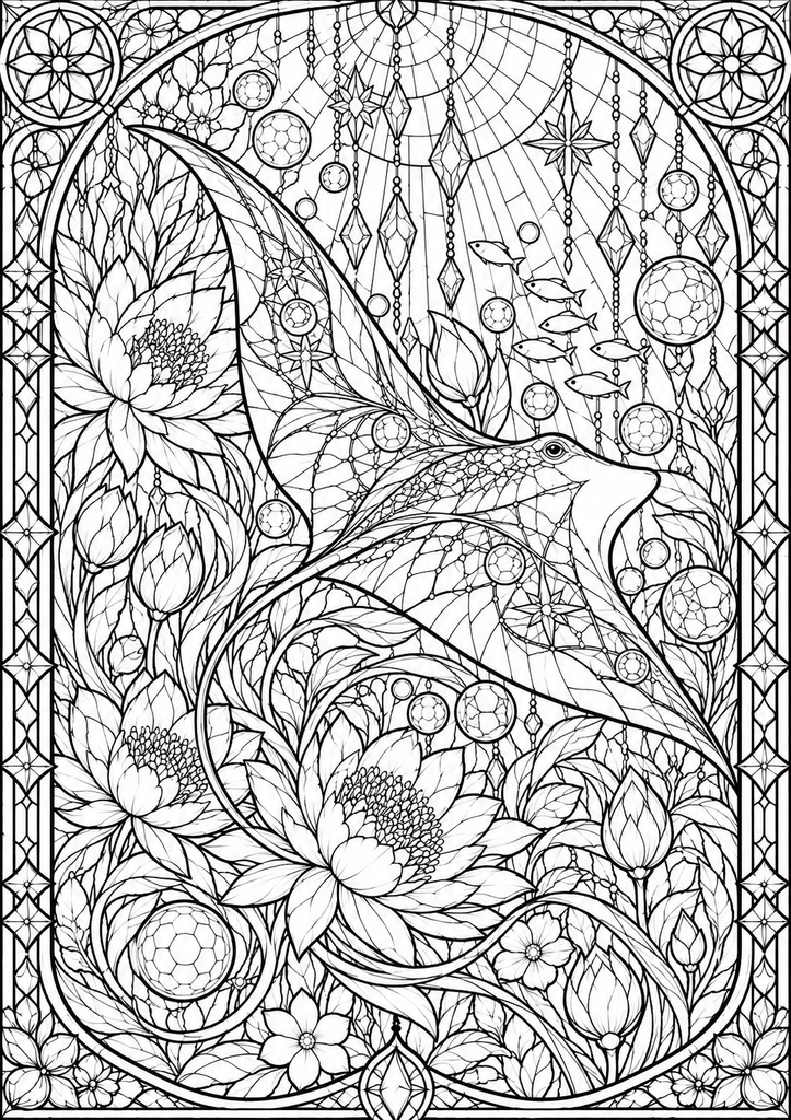 幻想の海と花|ステンドグラス風 大人の塗り絵 10枚セット【PDF】Stained Glass Ocean Coloring Pages