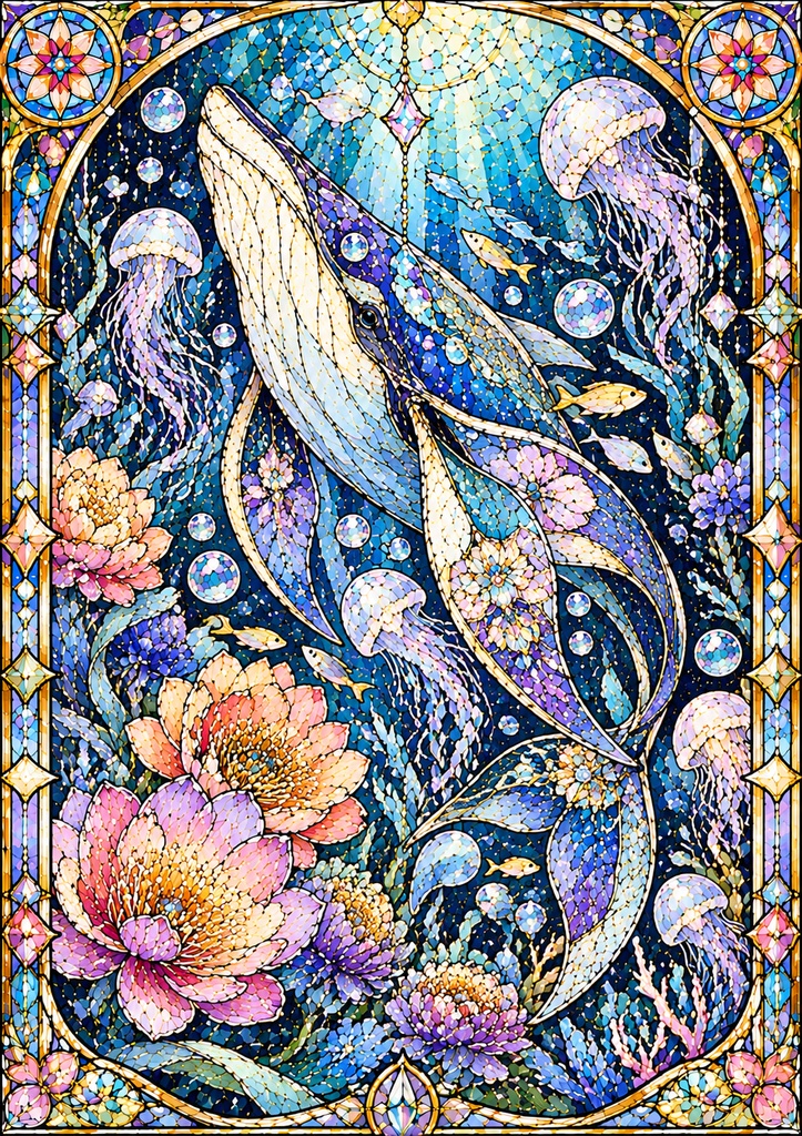 幻想の海と花|ステンドグラス風 大人の塗り絵 10枚セット【PDF】Stained Glass Ocean Coloring Pages