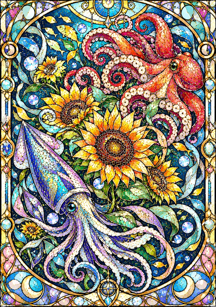 幻想の海と花|ステンドグラス風 大人の塗り絵 10枚セット【PDF】Stained Glass Ocean Coloring Pages