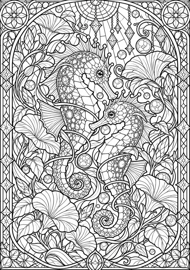 幻想の海と花|ステンドグラス風 大人の塗り絵 10枚セット【PDF】Stained Glass Ocean Coloring Pages