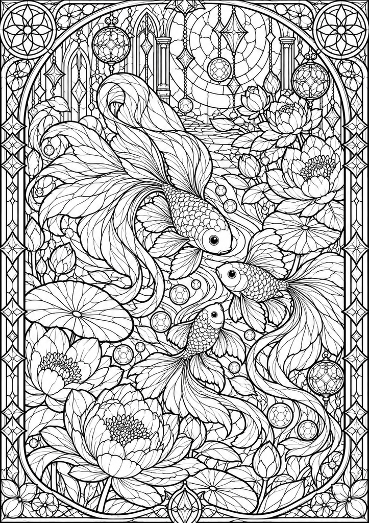 幻想の海と花|ステンドグラス風 大人の塗り絵 10枚セット【PDF】Stained Glass Ocean Coloring Pages