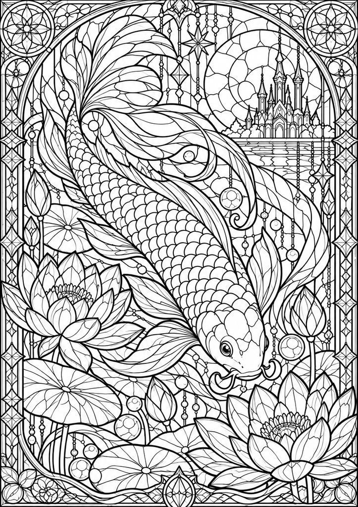 幻想の海と花|ステンドグラス風 大人の塗り絵 10枚セット【PDF】Stained Glass Ocean Coloring Pages