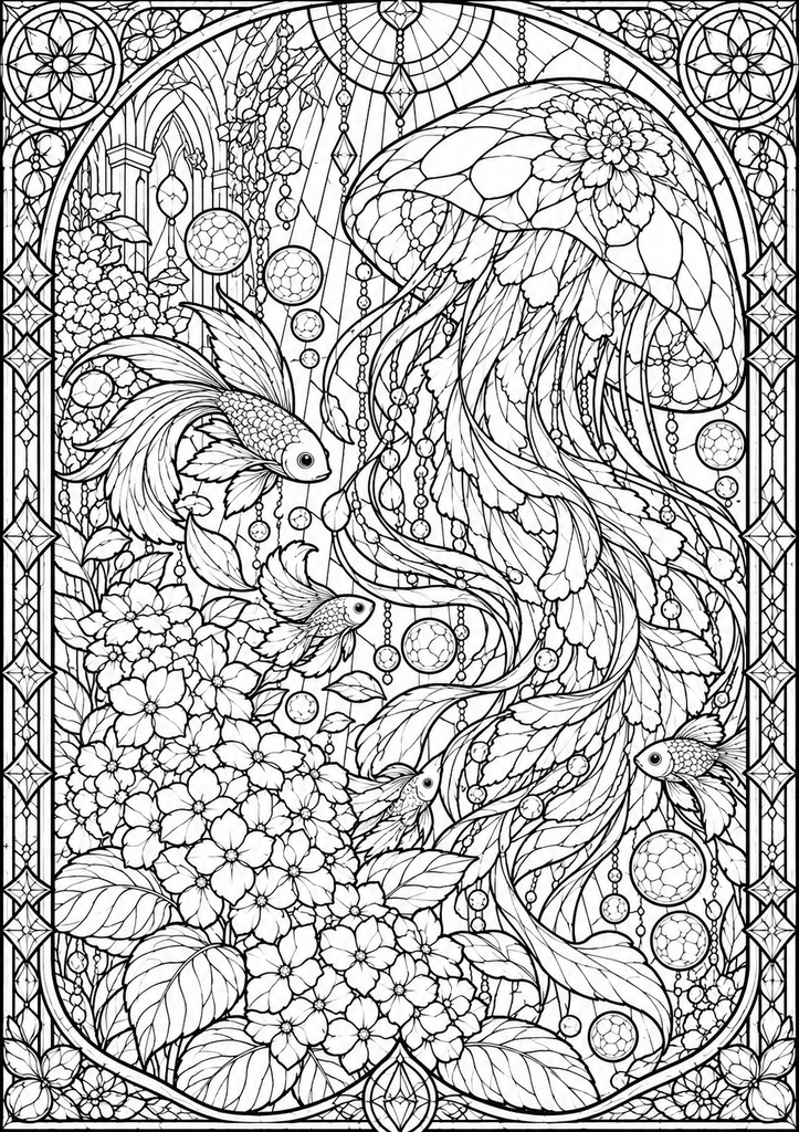 幻想の海と花|ステンドグラス風 大人の塗り絵 10枚セット【PDF】Stained Glass Ocean Coloring Pages