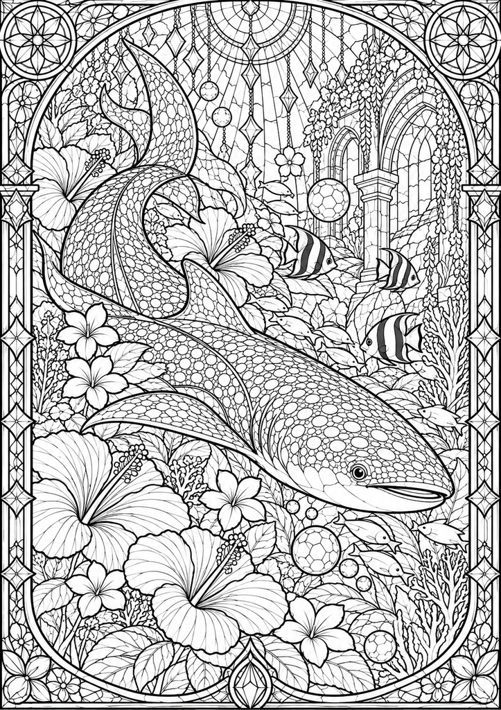 幻想の海と花|ステンドグラス風 大人の塗り絵 10枚セット【PDF】Stained Glass Ocean Coloring Pages