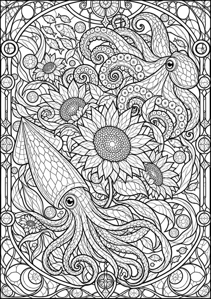 幻想の海と花|ステンドグラス風 大人の塗り絵 10枚セット【PDF】Stained Glass Ocean Coloring Pages