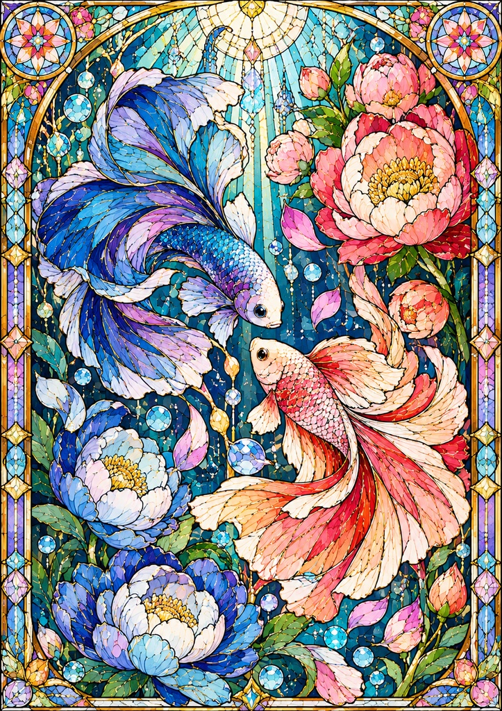 幻想の海と花｜ステンドグラス風 大人の塗り絵 10枚セット【PDF】Stained Glass Ocean Coloring Pages