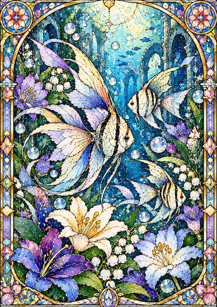 幻想の海と花|ステンドグラス風 大人の塗り絵 10枚セット【PDF】Stained Glass Ocean Coloring Pages
