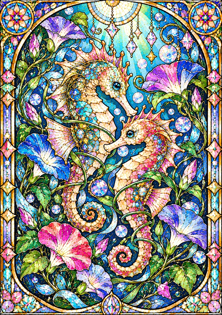幻想の海と花|ステンドグラス風 大人の塗り絵 10枚セット【PDF】Stained Glass Ocean Coloring Pages