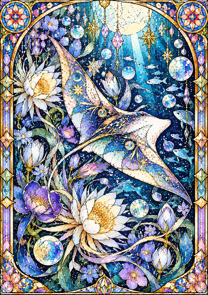 幻想の海と花|ステンドグラス風 大人の塗り絵 10枚セット【PDF】Stained Glass Ocean Coloring Pages