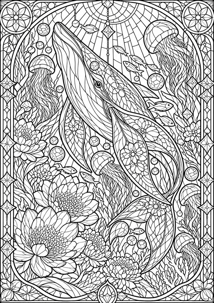 幻想の海と花|ステンドグラス風 大人の塗り絵 10枚セット【PDF】Stained Glass Ocean Coloring Pages
