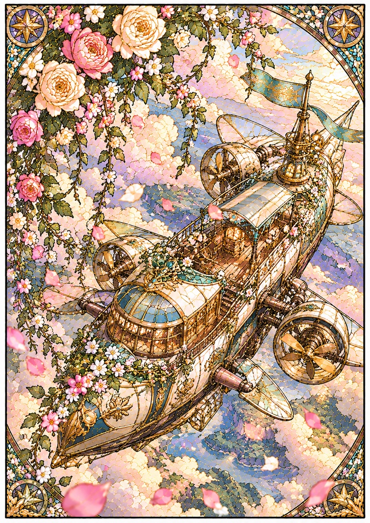 乗り物と花のステンドグラス塗り絵|大人の塗り絵 全10種【PDF】